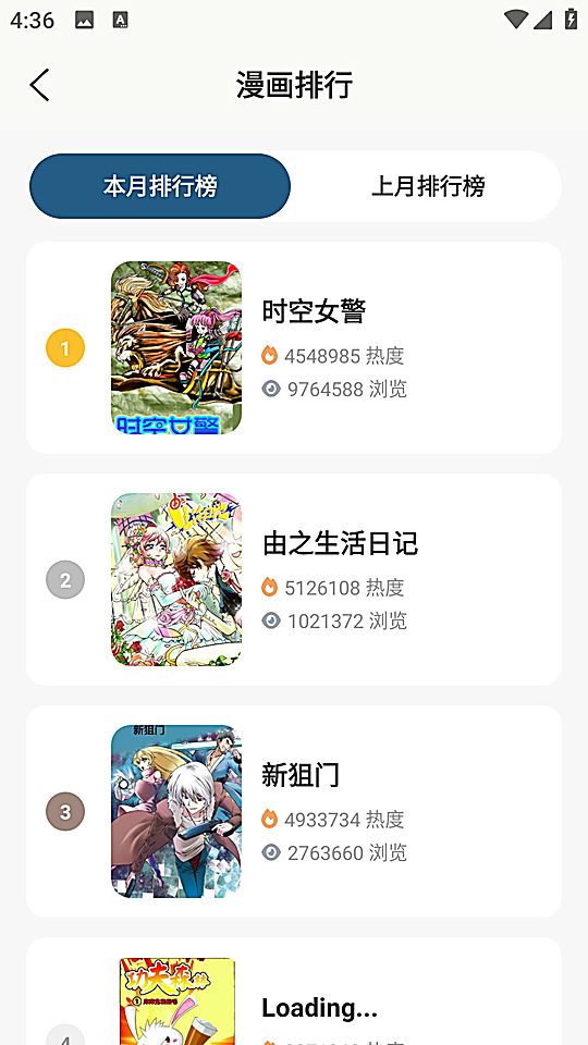 香香腐宅 漫画排行页：本月排行榜与上月排行榜切换，列表显示作品热度与浏览量
